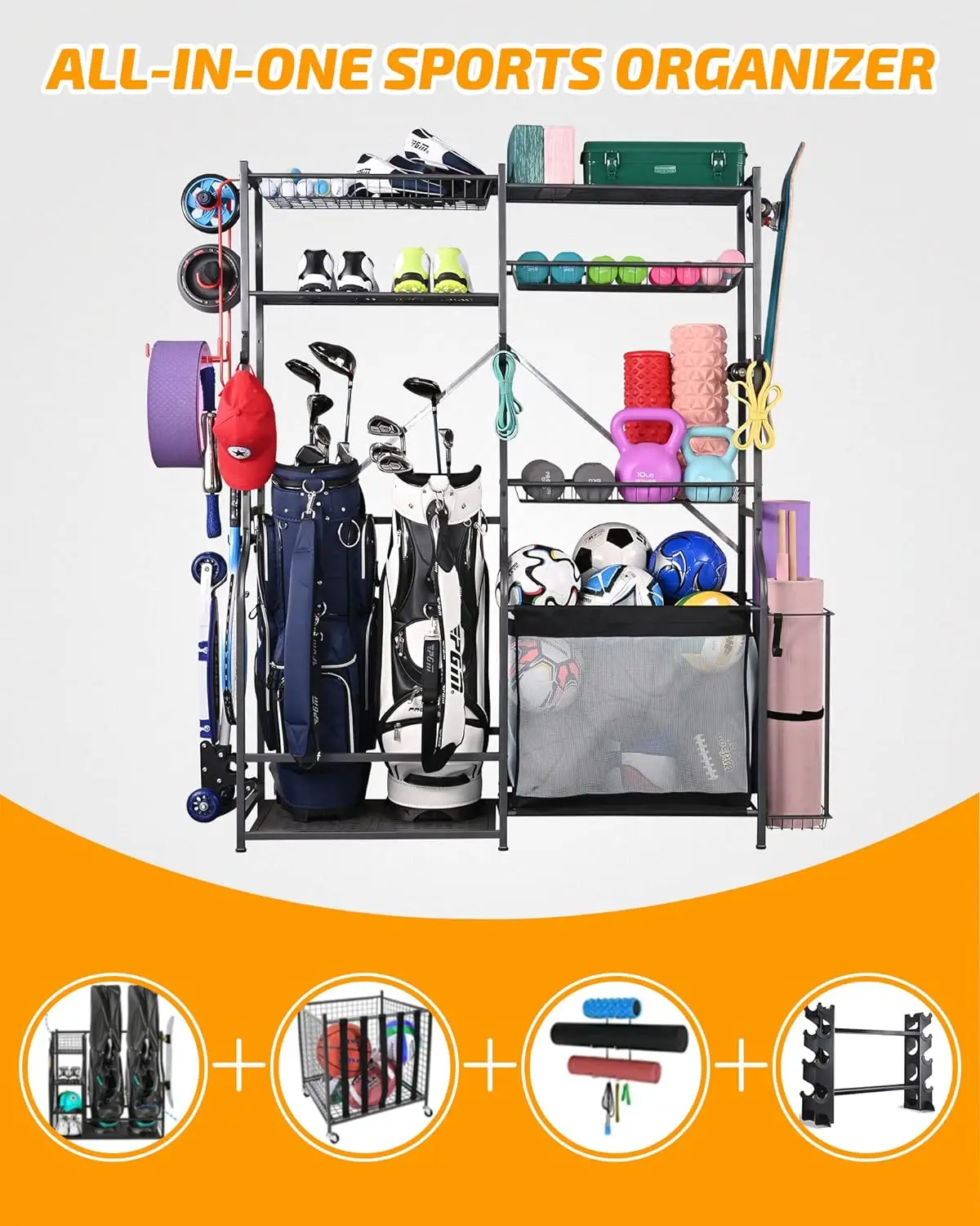 PLKOW Golf Storage Ball Rack Garage Organizer, 2 Golf Bag Organizer and Other Sports Equipment Organizer for Garage, Extra Large