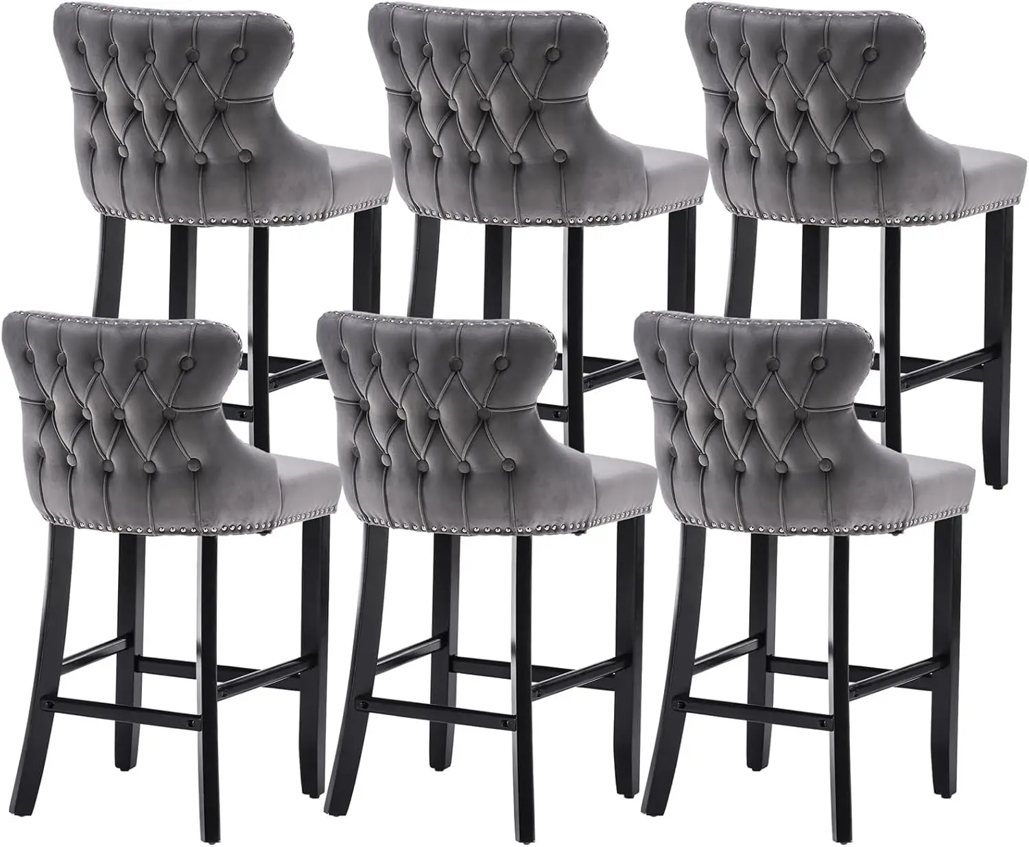 I-Pook Bar Stools Set Of 6 Counter Height, Velvet Upholstered Barstools With Solid Wood Legs, Button Tufted And Nailheads Trim,