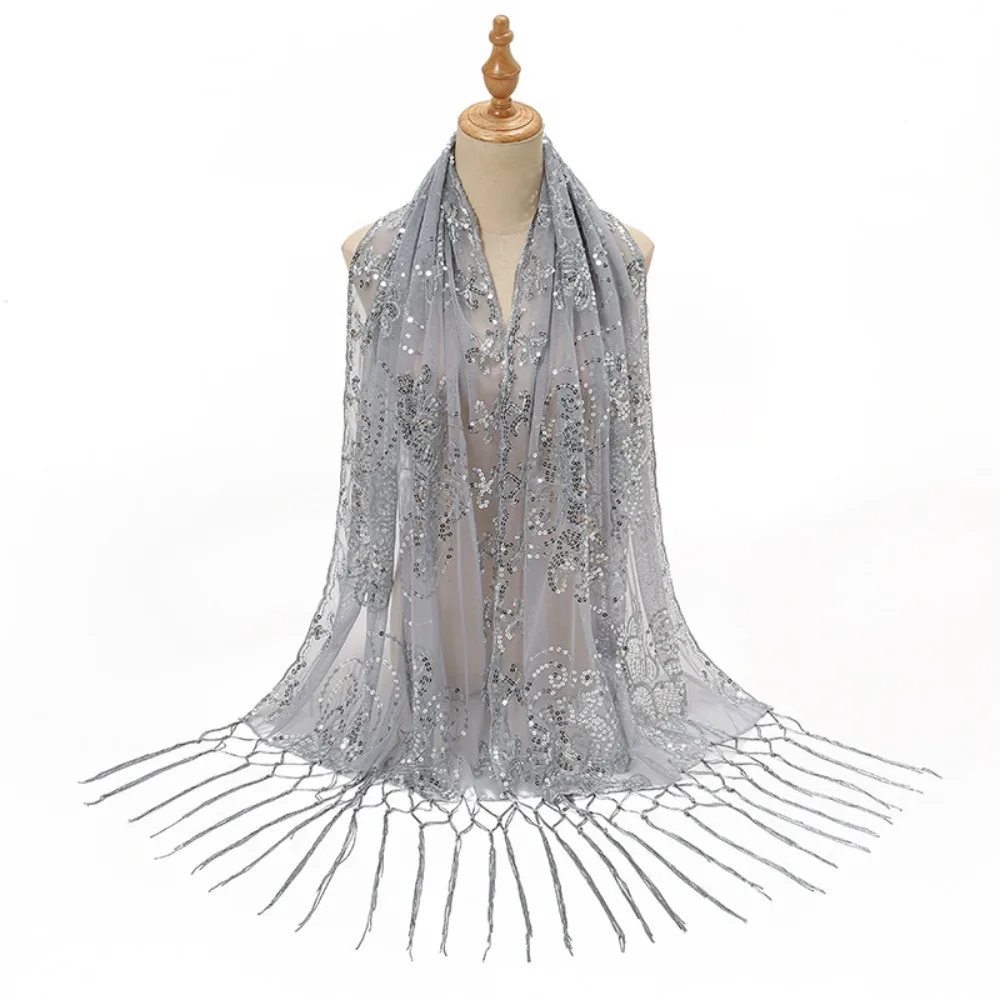 

Fashion Mesh Sequin Shawls Transparent Glitter Evening Dresses Scarves Headscarf Neckerchief Tassels Scarf Ladies/Girls