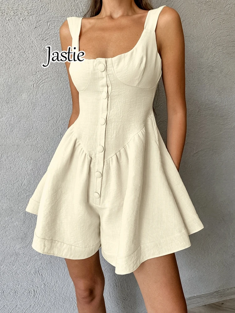 Jastie Khaki Cotton Linen Women Rompers Summer Sleeveless  Button Tank Shorts Jumpsuits Boho Beach One Pieces Vacation 2024