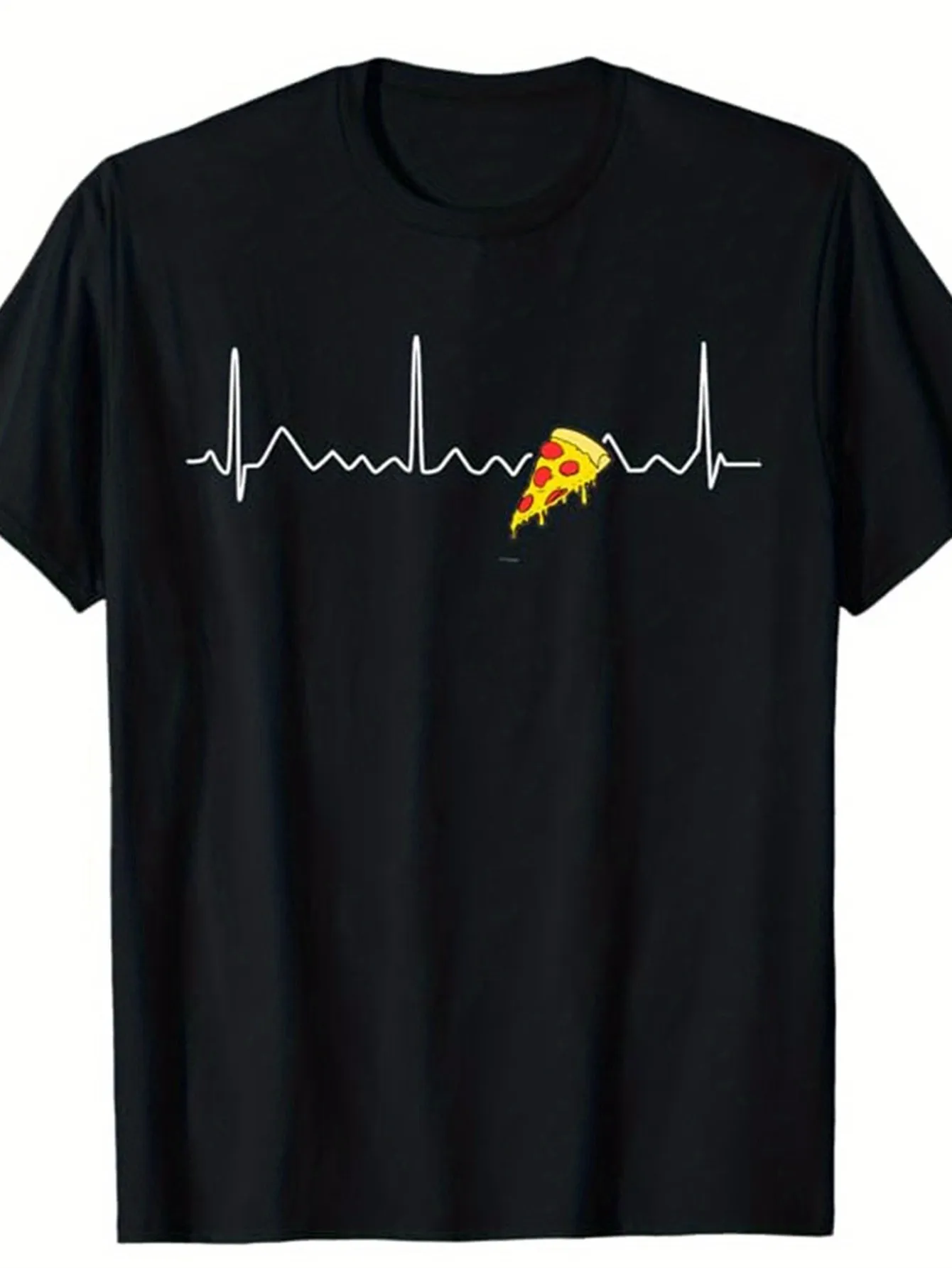 Men'S Humorous T-Shirt Featuring a Pizza Slice And Heartbeat Graphic - A Soft And Breathable Crew Neck Tee Perfect for Casual Wear, Ideal Gift for Pizza Lovers (Black with White Print)