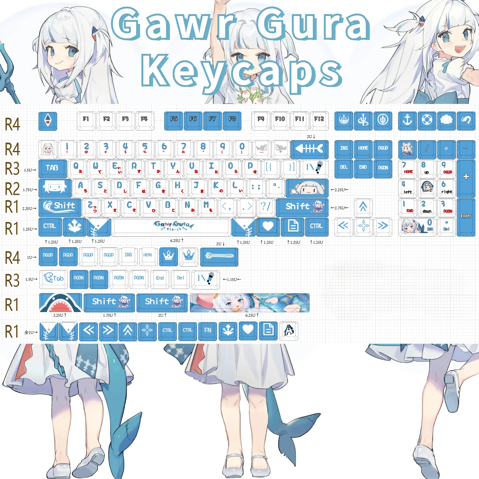 

132 Keys/Set Hololive Gawr Gura Anime Cute PBT Keycaps for Cherry MX Switch Keycap for Mechanical Keyboard Game Gift Custom DIY