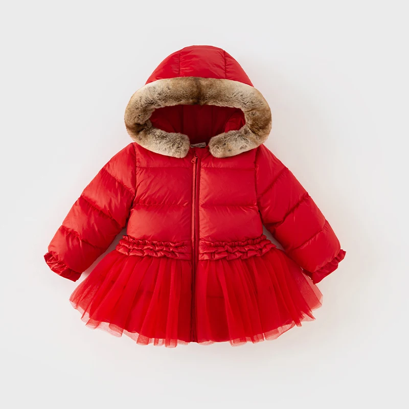 Dave Bella Winter Red Girls Down Warm Kids Jacket Hooded Zipper Fur Collar Princess Outerwear Children Girls Clothing DB4237627