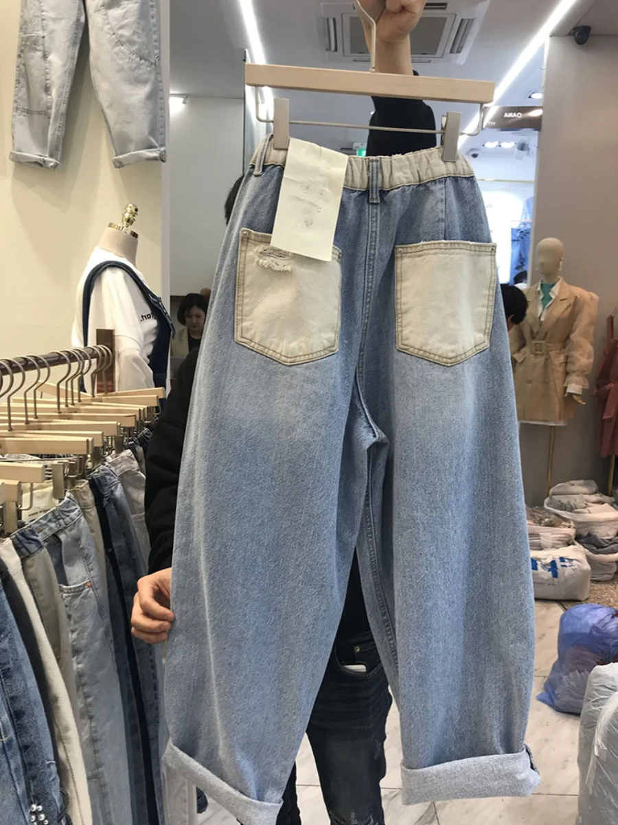 プラスサイズルーズフィットストレートレッグデニムジーンズ女性のための春秋痩身スタイリッシュな服ハイウエスト 9 点丈