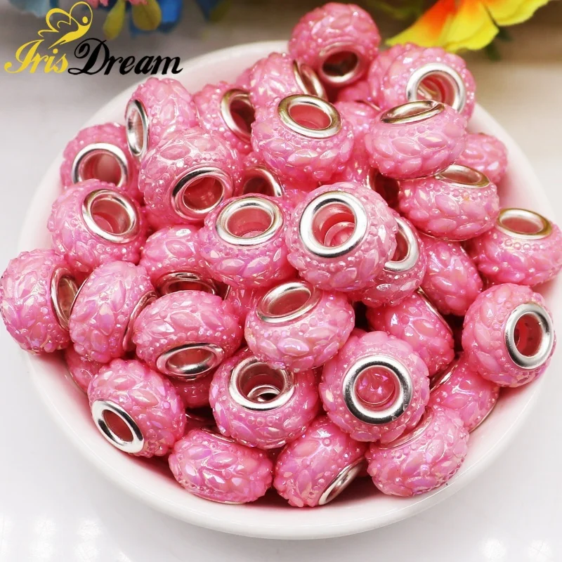 10Pcs/Lot Assorted Color AB Plated 14mm Round Loose 5mm Large Hole fit Women Girls DIY Bracelet Necklace Hair Beads Keychains