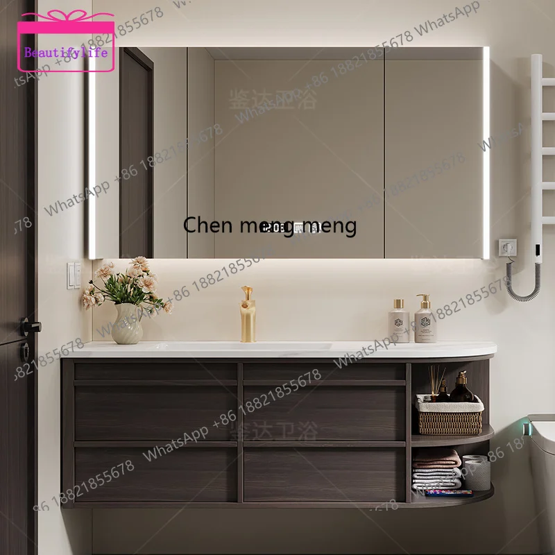 B567 Medieval style rock slab hot bending integrated basin bathroom cabinet combination arc hand washing basin cabinet combinati