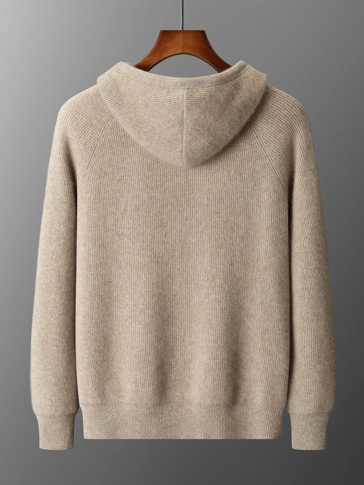 Autumn Winter Men Sweater Coat 100% Cashmere Sweater Cardigan Clothes Zip Hooded Outerwears Thick Warm Knit Jacket Smart Casual