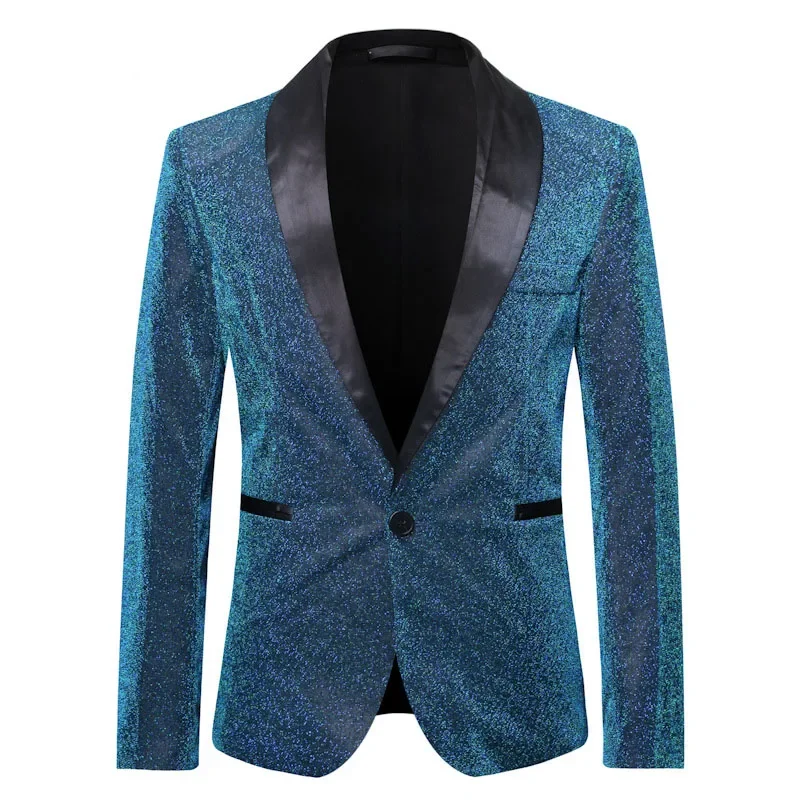 Men Shawl Lapel Blazer Slim Fit One Button Shiny Blue Glitter Suit Jacket Men DJ Nightclub Stage Singer Clothes Costume