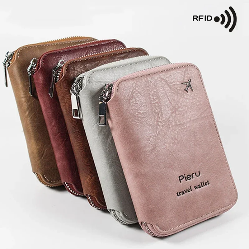 

Multifunctional Rfid Anti-Theft Brush Passport Holder Document Bag Travel Wallet Zipper Storage Bag Leather Case Passport Holder