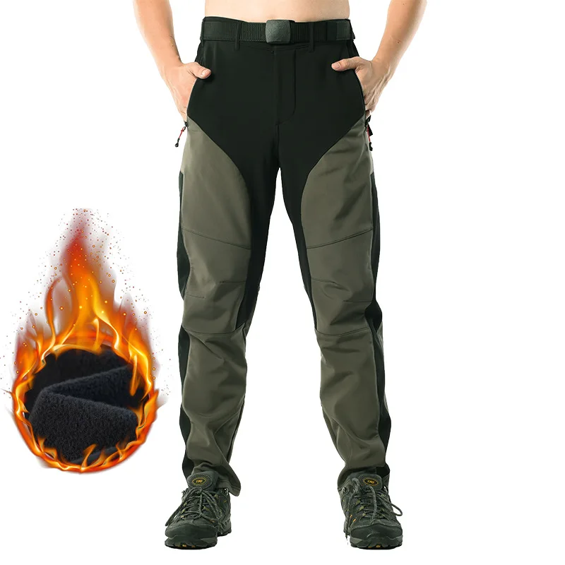 Fleece Warm Winter Mens Pants Outdoor Snow Camping Hiking Softshell Zipper Cargo Pants Windproof Breathable Trousers Sweatpants