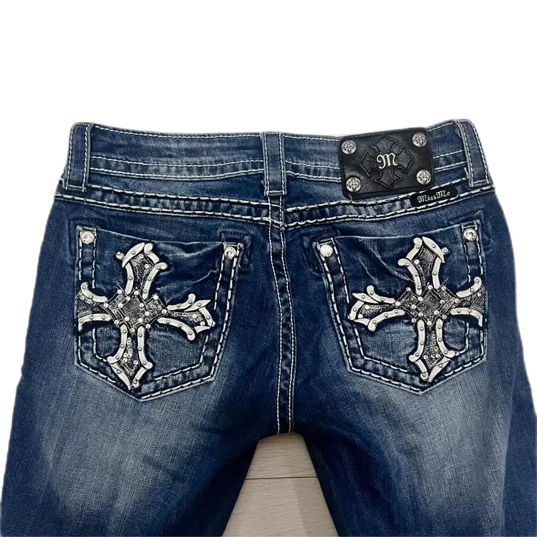 American Harajuku Miss Me Women\'s Blue Jeans retro rhinestone pattern summer high street straight y2k jeans cargo pants women