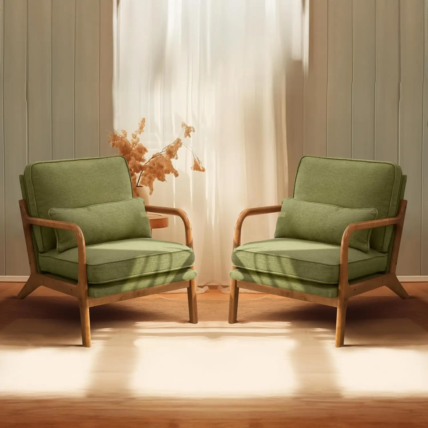 

Комплект из 2 зеленых льняных кресел, мягкие кресла в стиле середины века, тканевые кресла для гостиной, кресла-кронштейны из массива дерева в стиле фермерского дома