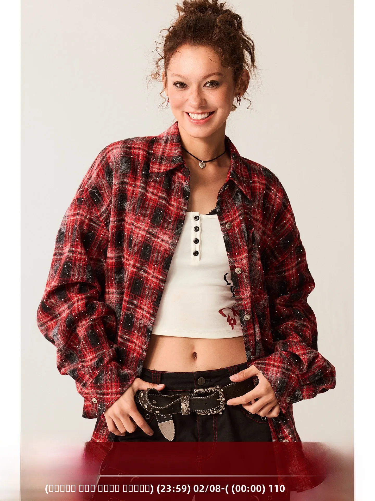 

BeerBro Retro Sound Wave Bright Silver Rhinestone Pattern Red Plaid irt Thin Outerwear Women's Faion Spring Collection