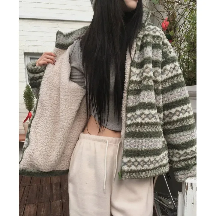 Dames Lamsfluweel Fce Gevoerde Katoenen Jaet Jas Nordic Sle Fair Isle Patroon Warme Top Bovenkleding Winter Nieuwe Collectie