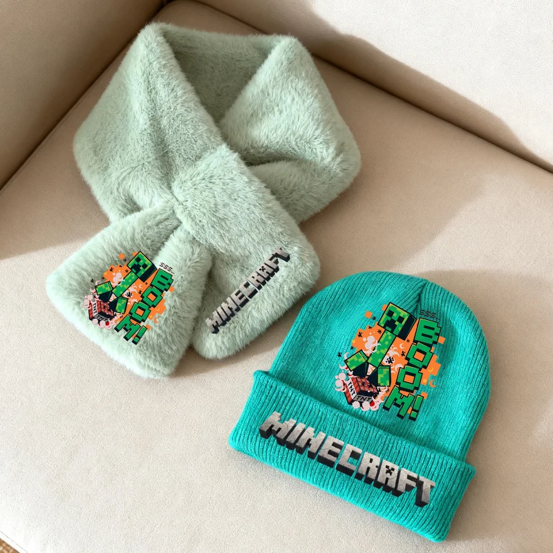 

Winter 2pcs Knitted Hat Scarves Children Miner Crafting Print Knit Cap Soft Plush Scarf Boy Keep Warm Accessorie Christmas Gifts
