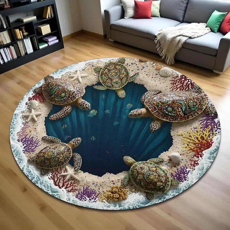 

3D Turtle Sea Deep Hole Rug Ocean Sinkhole Illusion Carpet Marine Life Turtle Carpet Nautical Round Rug Turtle Lovers Gift Decor