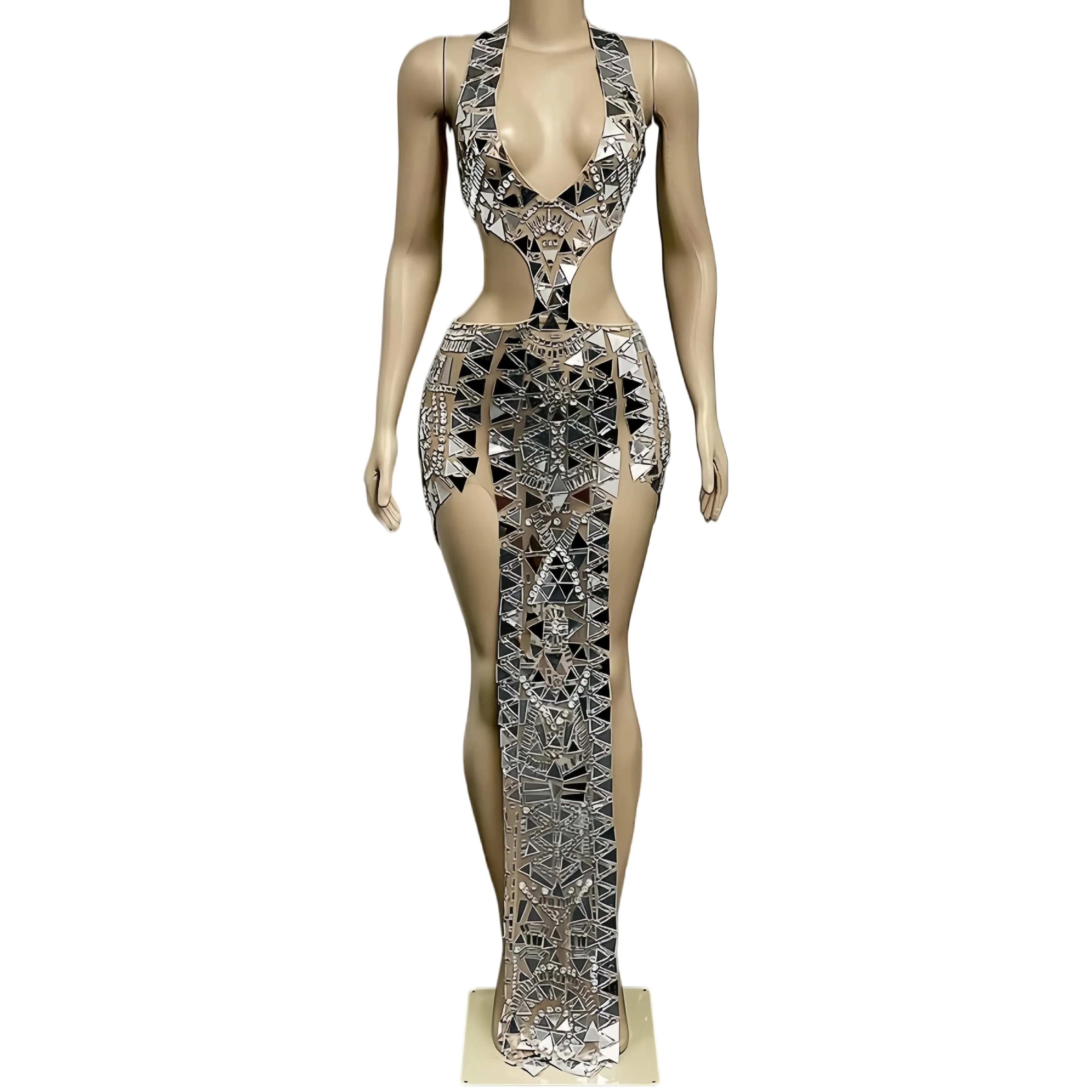 

Silver Mirror Deep V Neck Maxi Dress Sheer Mesh Cutout Waist Sparkly Rhinestone Formal Evening Gown Stage Show Party Wear Baiwei