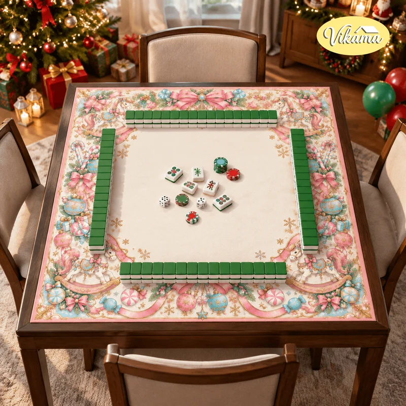 ChristmasPink Rocking Horse Mahjong MatNon Slip WashableKids Family Game NightTable CoverHoliday Party Gift