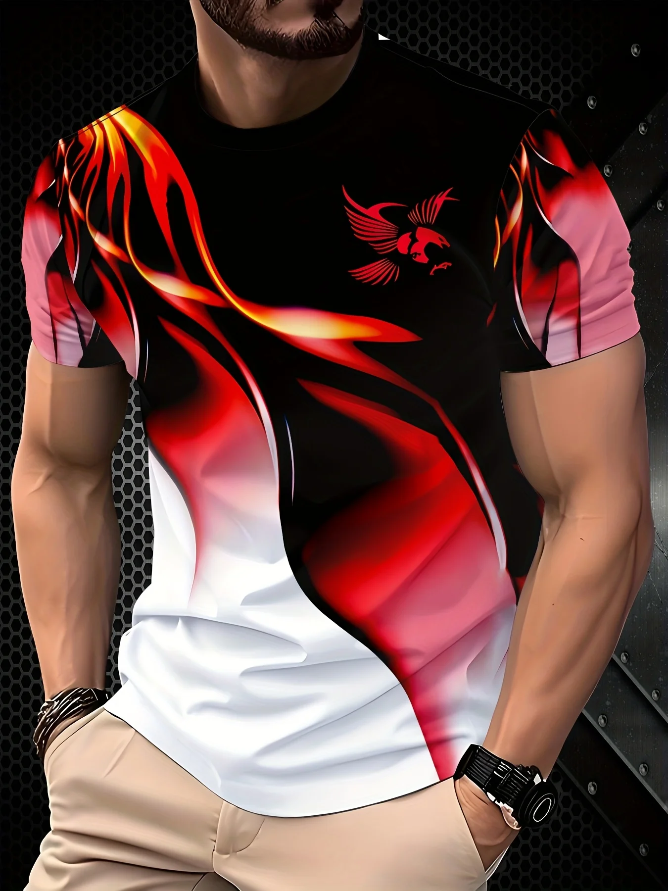 Men 3D Print T-Shirt Red Flame Phoenix Gradient Graphic O Neck Short Sleeve Breathable Summer Casual Tee