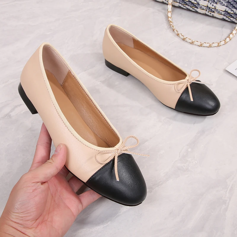 2023 سيدة اللون كتلة الكلاسيكية تويد المشمش لينة الجلود الباليه الشقق تنوعا جولة تو القوس الضحلة الباليه حذاء واحد النساء #3