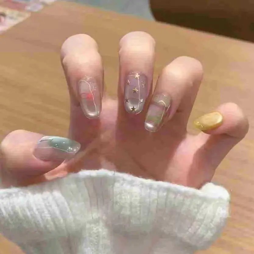 

10PCS Purple Cat Eye Sweet Short Oval Handmade False Nails with Cute Bow Plaid Pattern French Press on Nails Full Cover Wearable