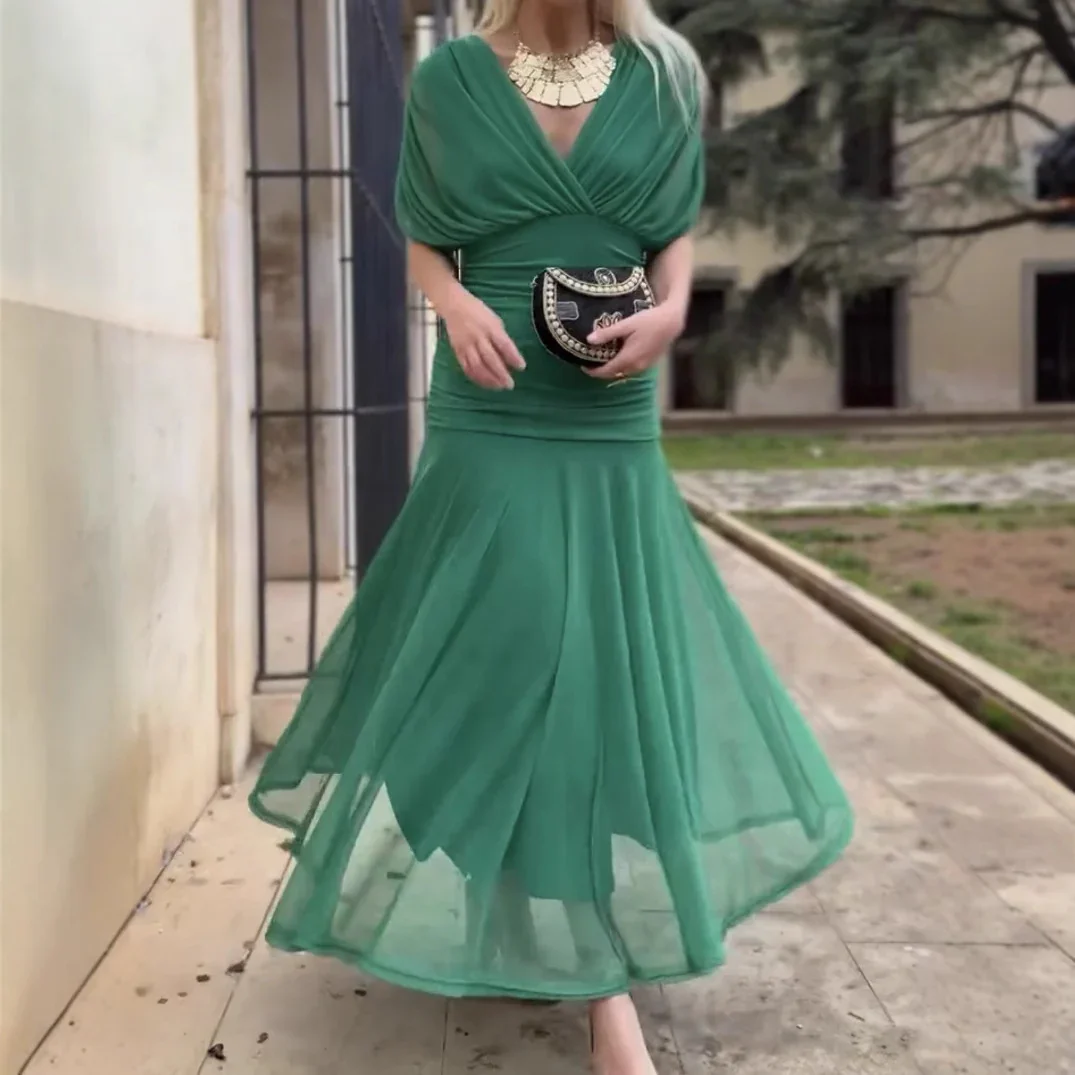 Elegante midi-jurk met bloemenprint, groene off-shoulder jurken, avondjurk, bruiloftsgast, zomervakantie, nieuwe strandzonsopgang