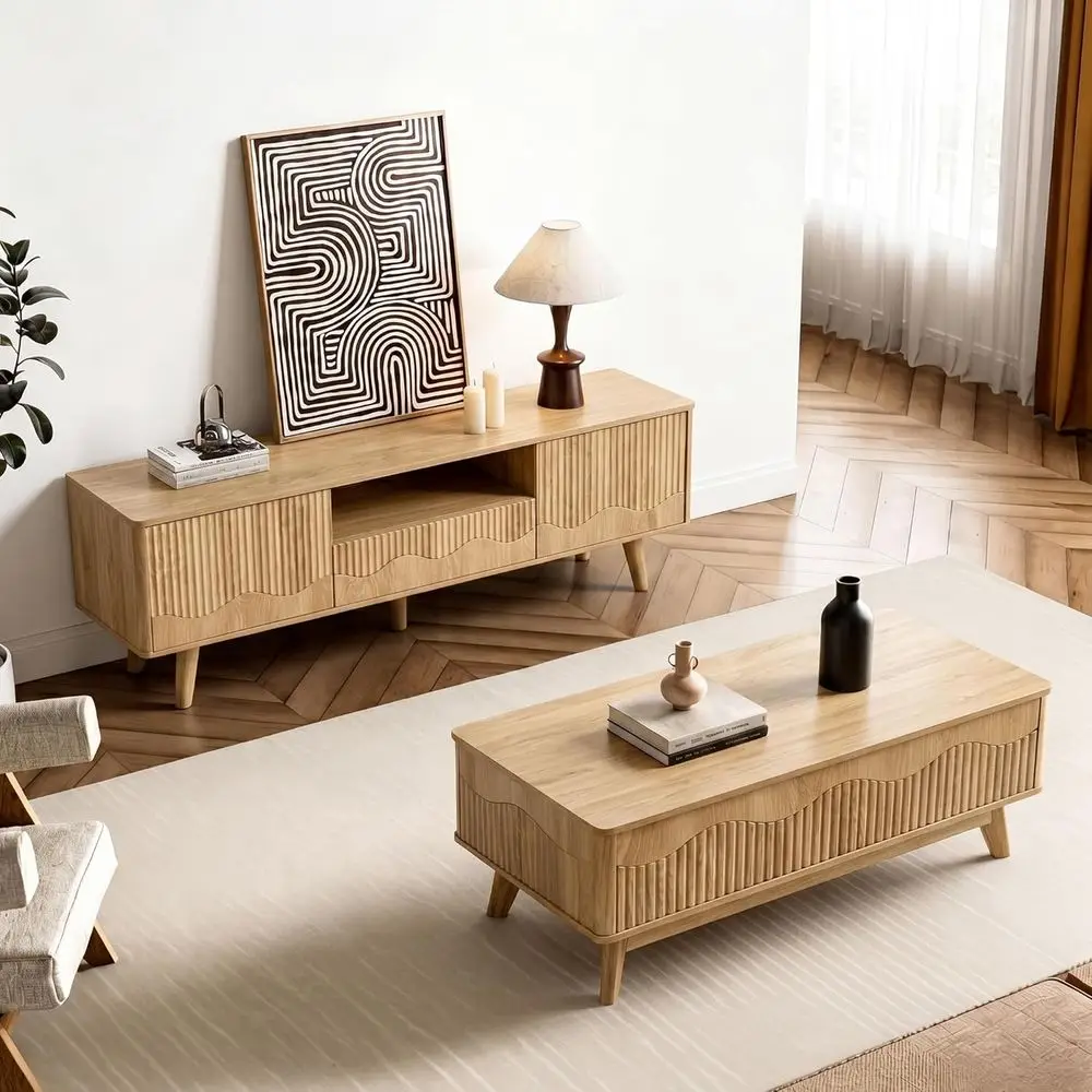 

Modern Wave TV Stand and Coffee Table Set, 2-Piece Natural Oak Living Room Furniture