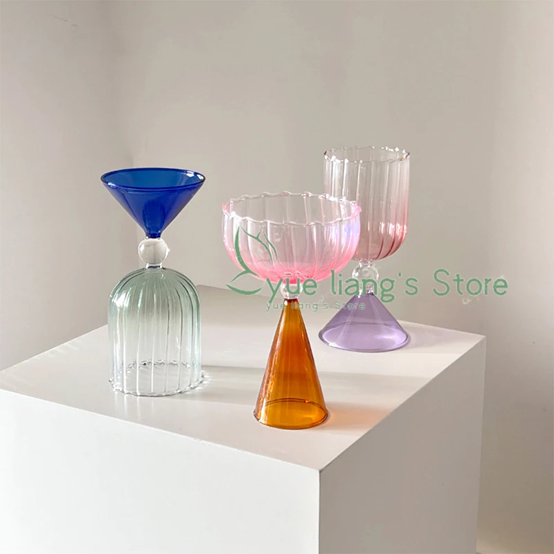 Creative Two Tone Green Blue Amber Colored Ripple Style Martini Mojito Champagne Margarita Cocktail Glasses Goblet Cup 1 Piece