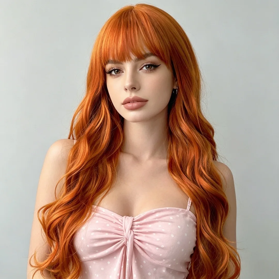 Orange 26-inch Wavy Synthetic Wig - Halloween Party Cosplay Role-Playing Wig - Daily Wig - High-Temperature Hair Accessory