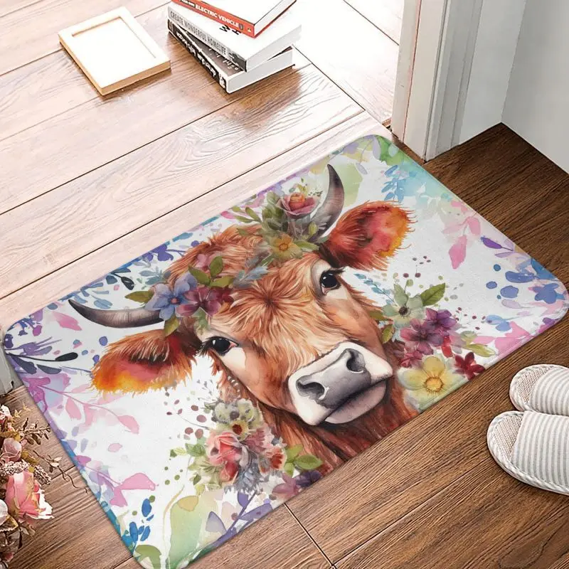 Custom Highland Cow And Flower Doormat Non-Slip Kitchen Bathroom Mat Bedroom Balcony Floor Door Entrance Carpet Rug