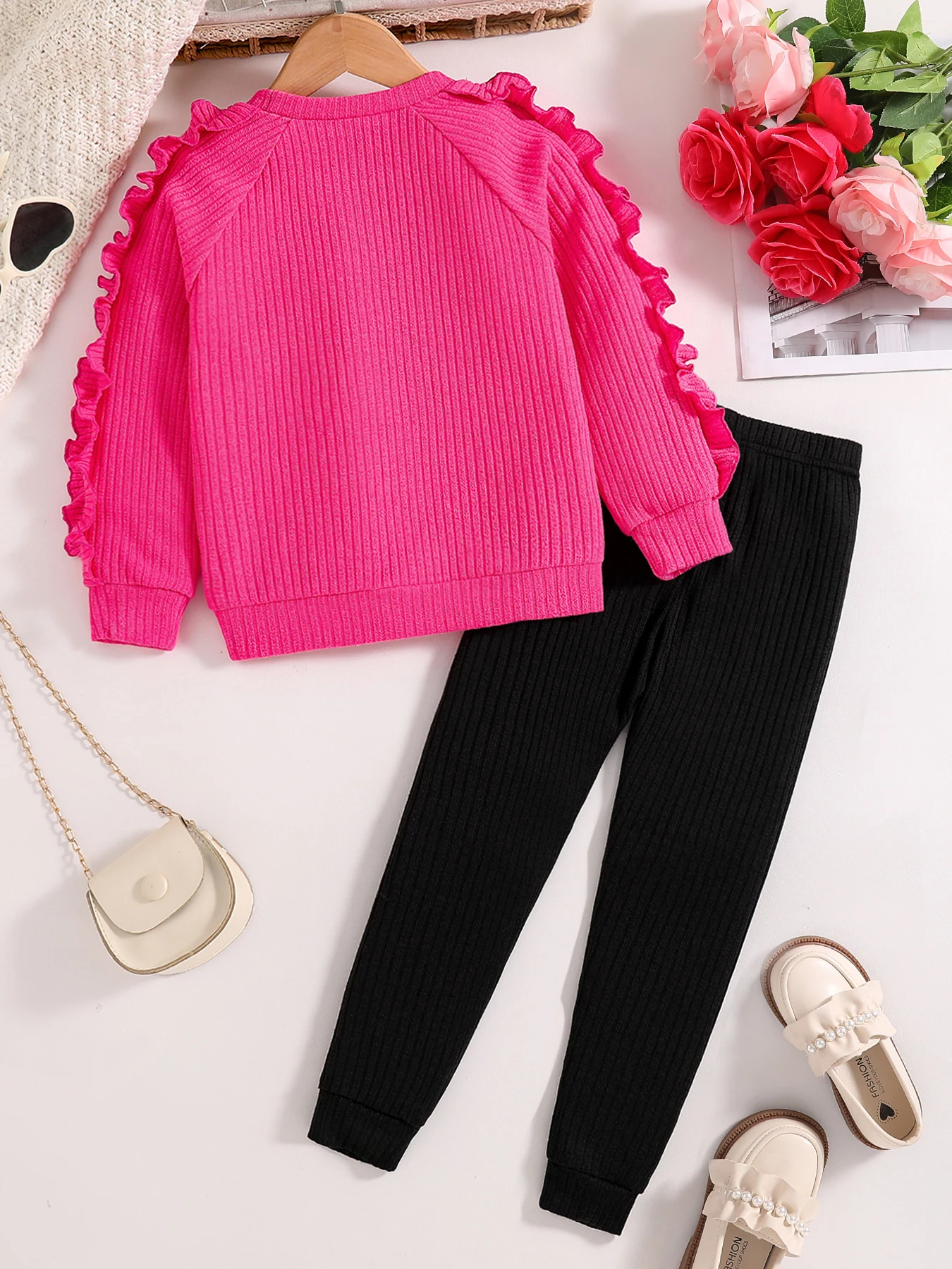 2-piece spring and fall new girls fashion pink knit crew neck love print top + black slim pants suit