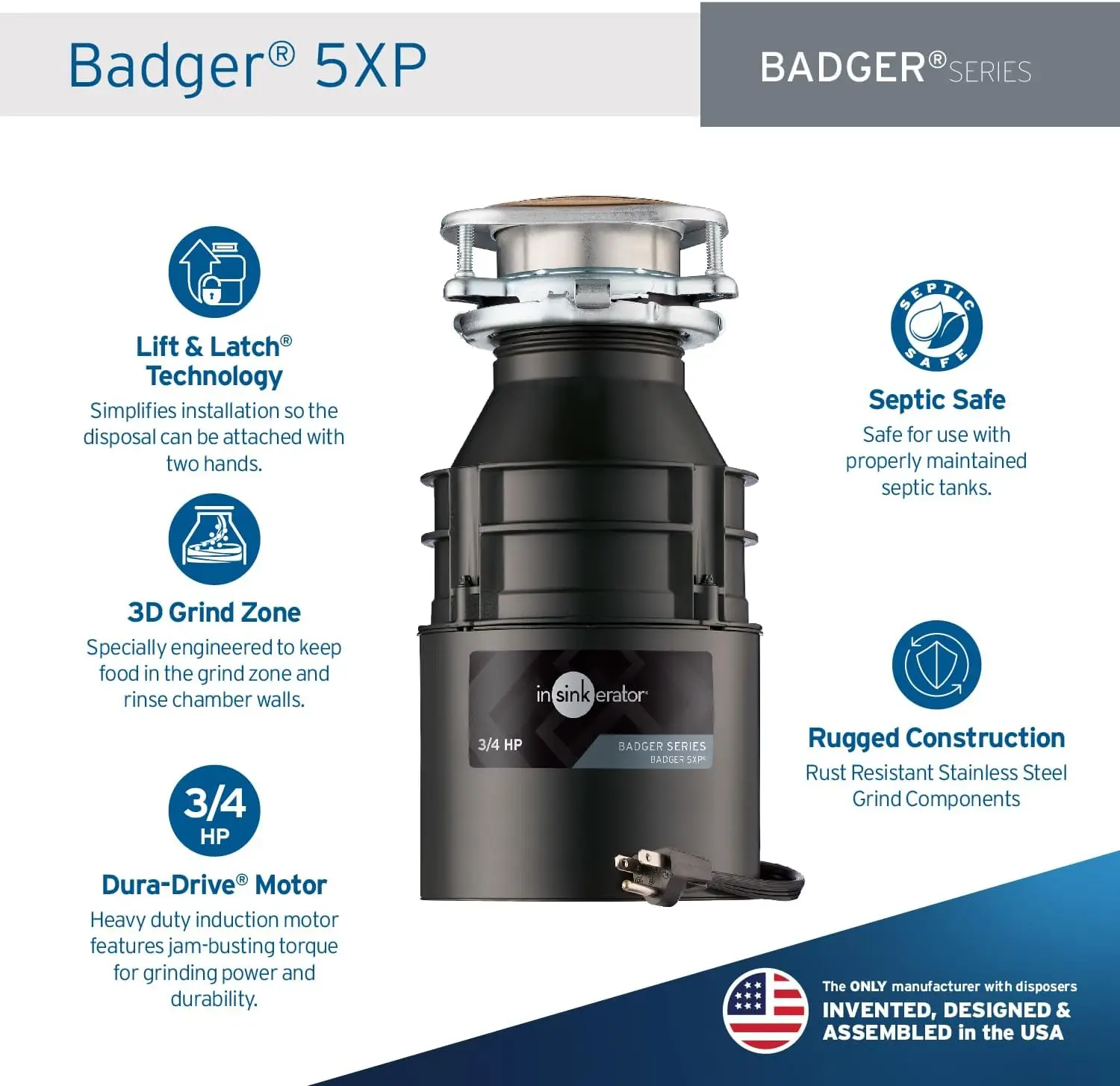 Badger 5XP Garbage Disposal with Power Cord, Standard Series 3/4 HP Continuous Feed Food Waste Disposer, Badger 5XP