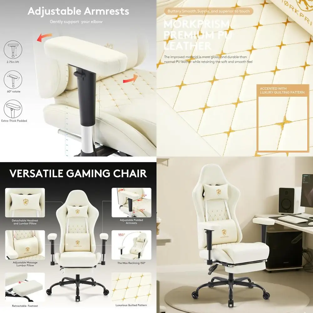 

Эргономичное кожаное игровое кресло с откидной спинкой, подставкой для ног, массажной поддержкой поясницы, гелевыми вставками, регулируемыми подлокотниками, цвет слоновой кости