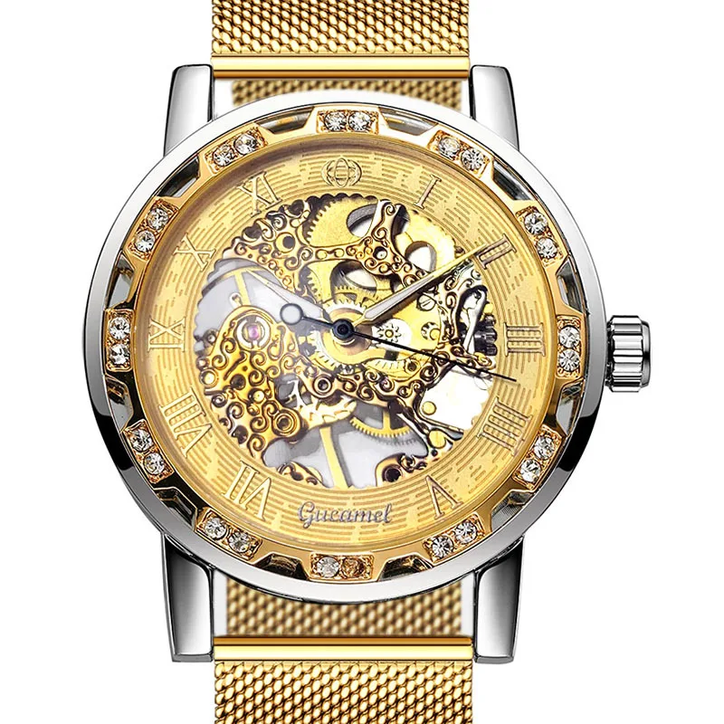 

Golden Mechanical Watch Men's Fashion Casual Fashion Hollow Rhinestone Luminous Stainless Steel Mesh Strap Hand Wind Male Watch