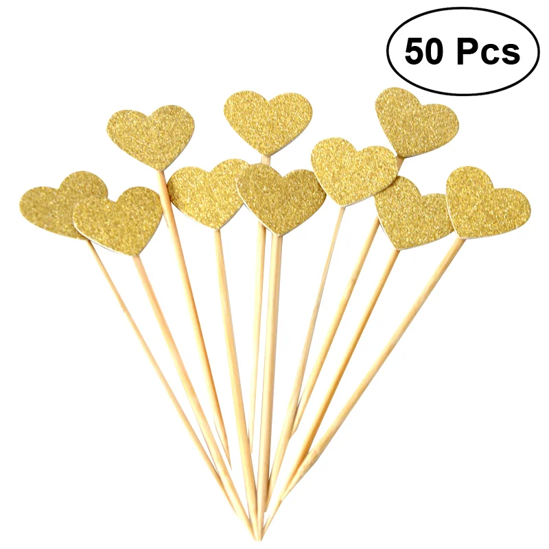 50pcs Heart Cupcake Toppers Gold Glitter Heart Large Cupcake Toppers Golden Wedding / Bridal / Baby Shower