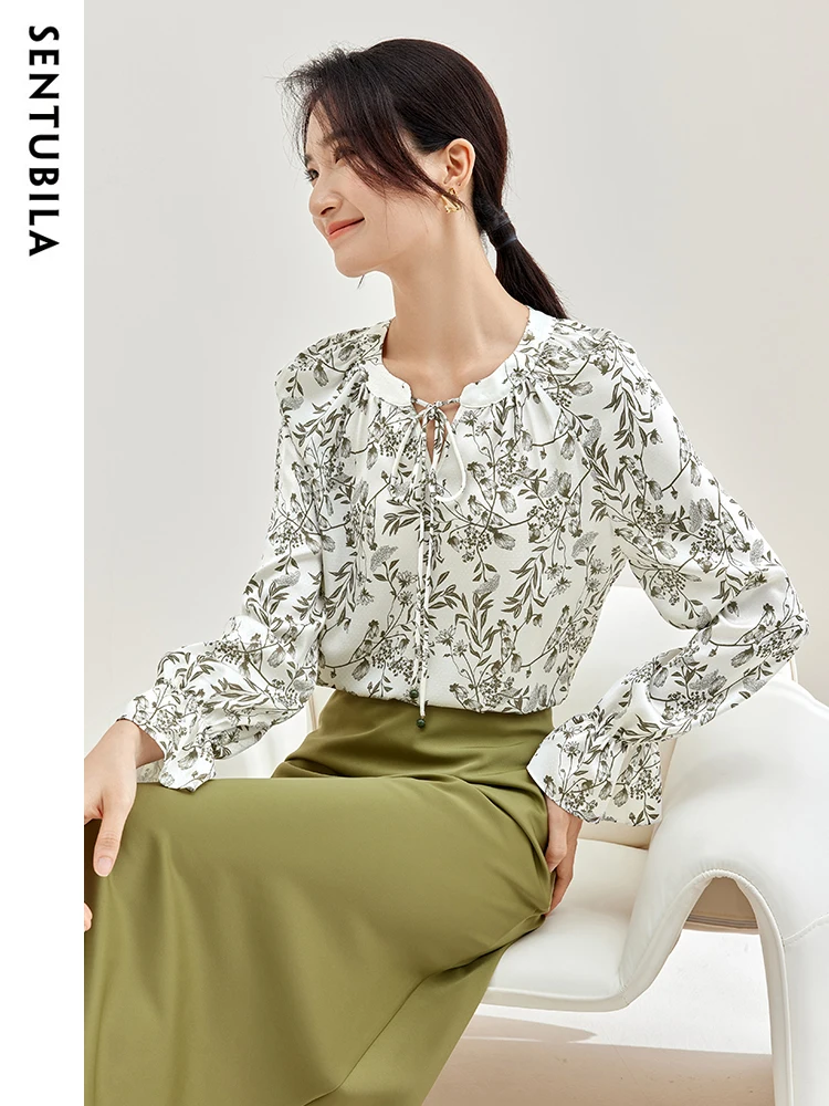 SENTUBILA Tie Round Neck Print Chiffon Blouse Tops for Women 2024 Elegant Loose Long Flare Sleeve Shirts & Blouses 133V51660