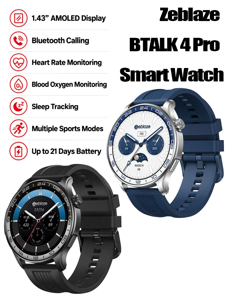 Zeblaze BTALK 4 Pro Smartwatch 1.43" AMOLED Always-On Display Połączenia Bluetooth Klawiatura Bateria 21 Dni IP68 Wodoodporny Tętno SpO2 Sen 300+ Tarcz Zegarek Sportowy Krokomierz Smartwatch Męski — 2