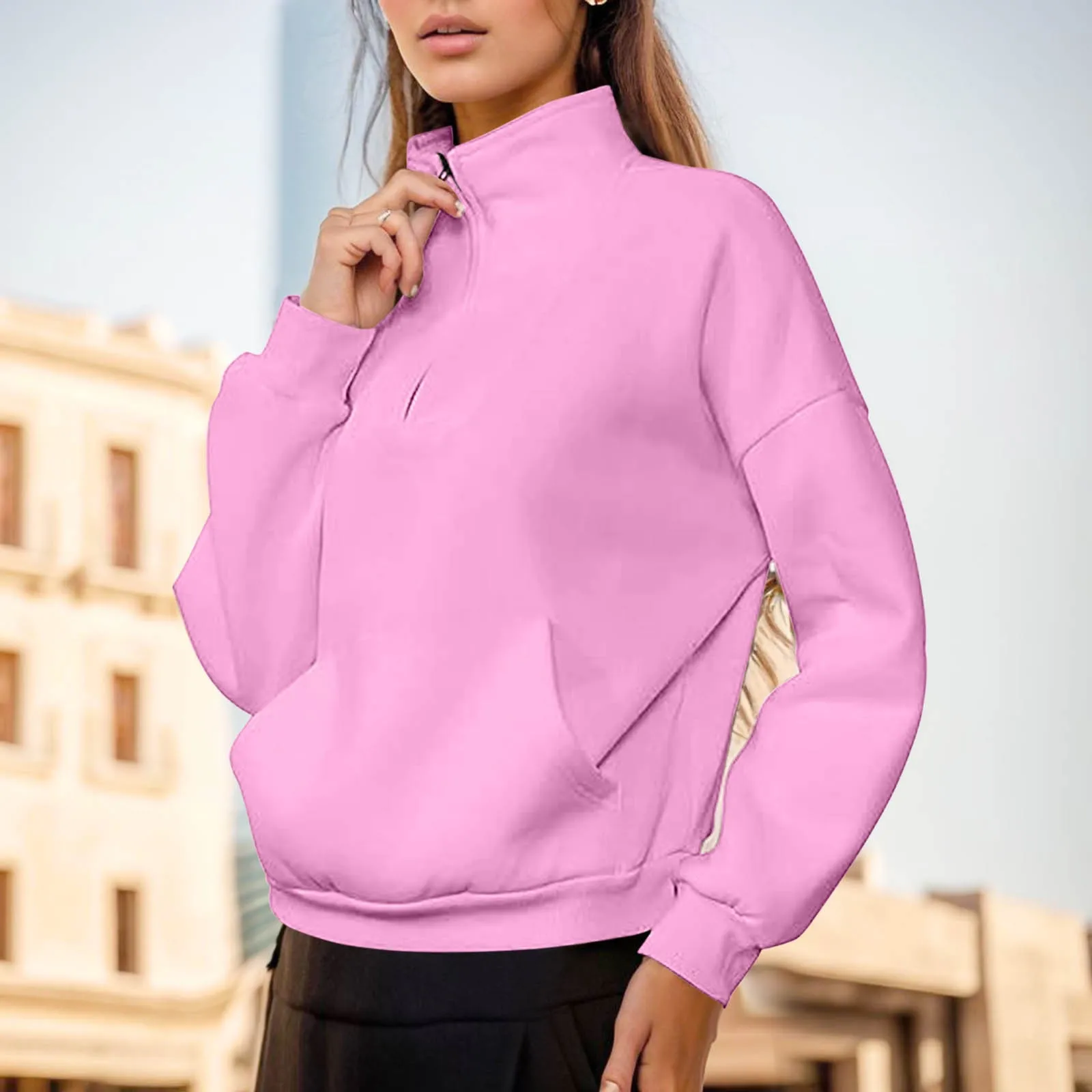 Wanita pullover Sweatshirt warna Solid kasual modis serbaguna wanita Hoodie blus lengan panjang longgar feminin Hoodies