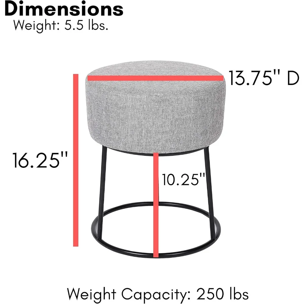 مسند للقدمين من الكتان - كرسي منجد بأرجل معدنية سوداء - مقعد دائري مبطن ناعم لغرفة المعيشة