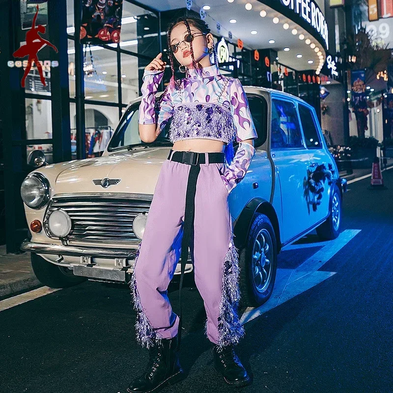 Kids Streetwear Hip Hop Girls Crop Top Purple Sequin Jacket Joggers Clothes Outfit Child Fashion Costume Teen Street Dance Pants