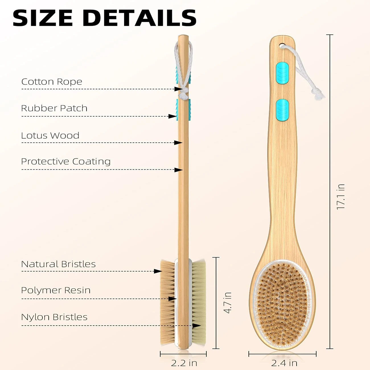 2pcs Body Scrubber with Soft and Stiff Natural Bristles Dual-Sided Long Handle Shower Brush Back Scrubber Body Exfoliator