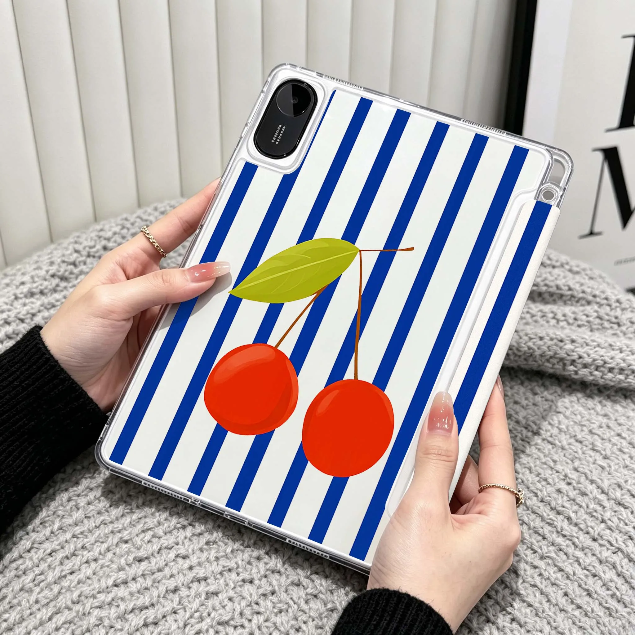 Cartoon Fruit Stripes Case For Xiaomi Redmi Poco Pad 5 6 7 8 Pro SE 11 11.2 12.1 Inch Transparent Y-Shaped Folding Tablet