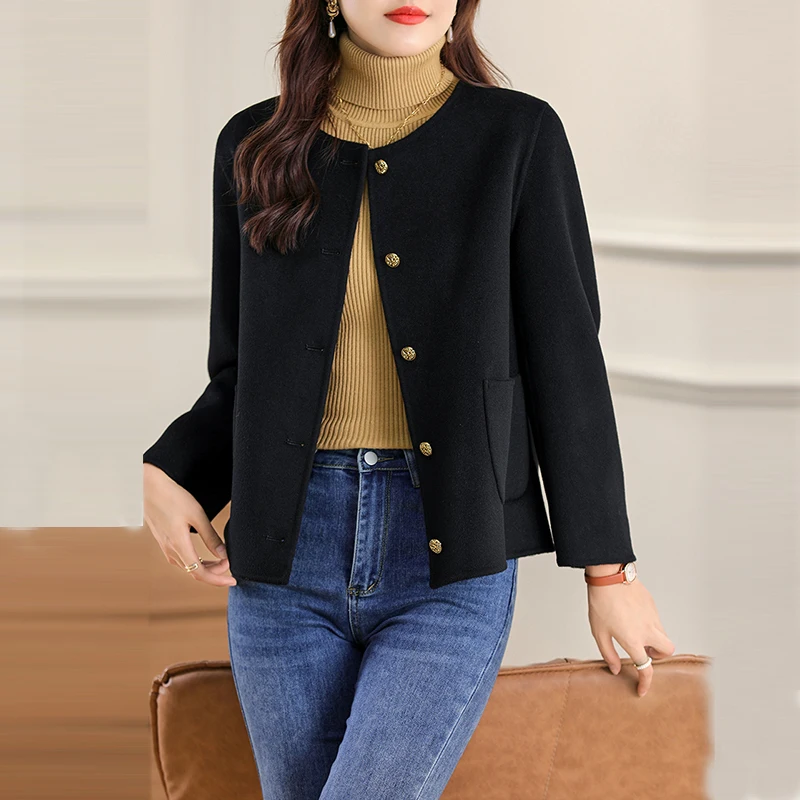 Autumn And Winter New Round Neck Double-Sided Wool Cashmere Coat Short Wool Coat With Wool Coat Pocket Woman