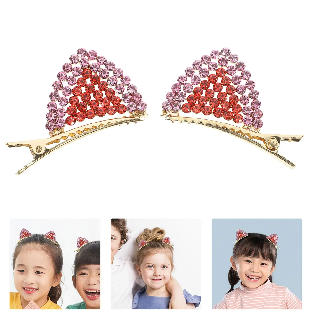 

2pcs Cat Ears Hair Clips Rhinestone Edge Top Clip Design Fashion Toddler Black Brown Shining Accessories Daily Use