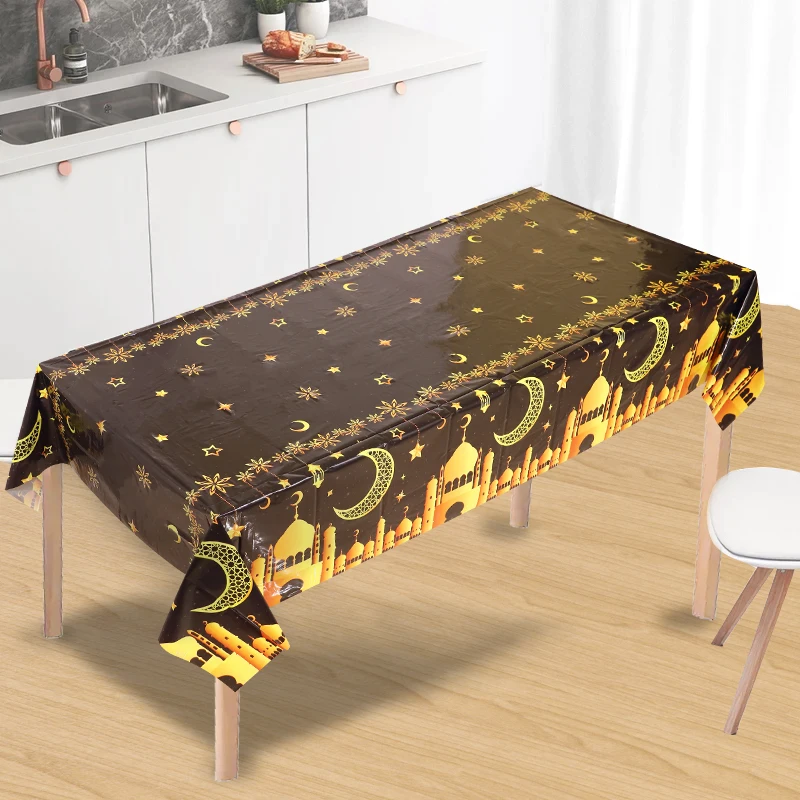 220x130cm Eid Mubarak Tischdecke Einweg-Tischware Ramadan Dekoration für Zuhause Gold Moschee Tischdecke Muslimische Partyzubehör