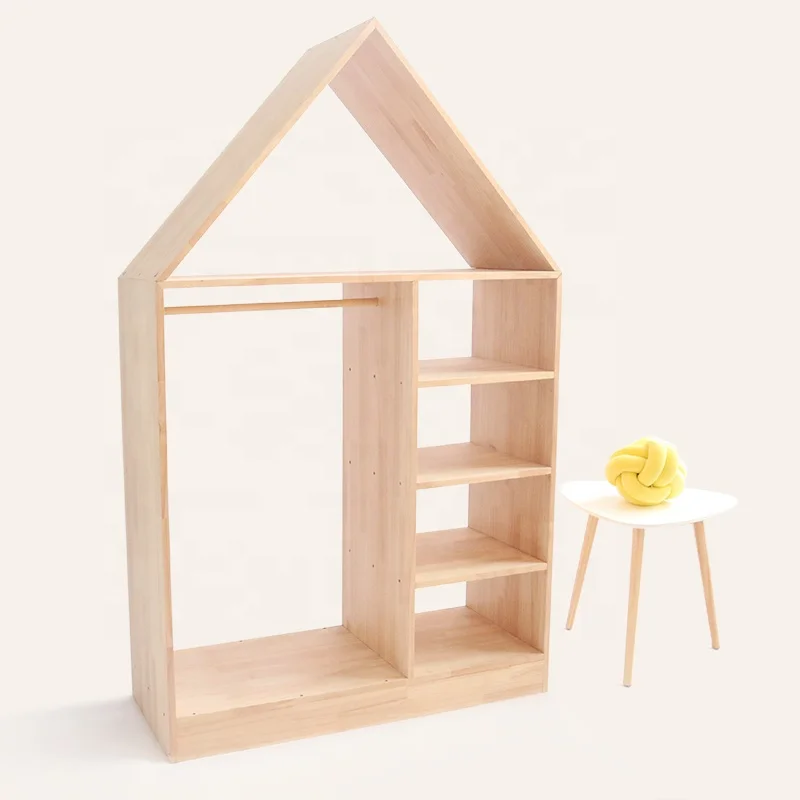 Factory Hot Sale Display Detachable House-shape Coat Hangers Clothes Storage Rack Wooden Cabinet for Kids Bedroom image 4