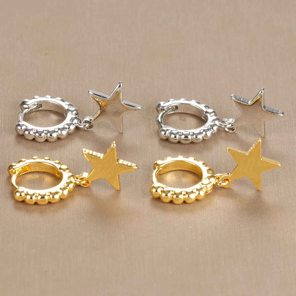Star Hoop Earrings Gold Color Geometric Small Pendant Huggie Punk Hip-Hop Piercing Earrings For Women Stainless Steel Jewelry
