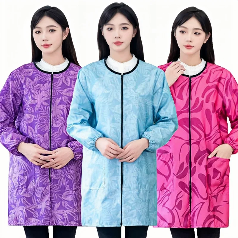 Printing Waterproof Work Clothes Thin Style Women's Kitchen Cook Apron Long Sleeves Smock Outdoor Garden Gown Housework Uniform