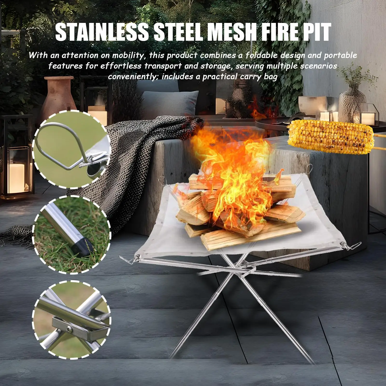 

Portable Fire Pits Foldable Outside Firepit For Patio Mesh Weatherproof Rust-Proof Fireplaces For Backyard Barbecue Bonfire BBQ