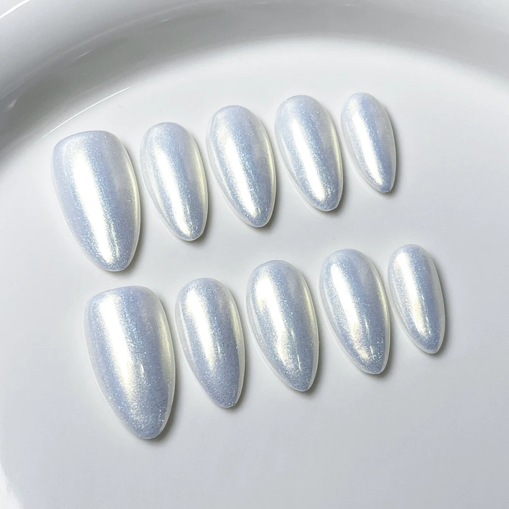 

Handmade White Press on Nails Almond Simple Solid Color Aurora Wearable False Nails Full Cover Nail Tips Desired Life Store